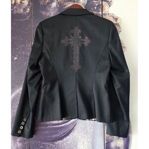 GLAMOUR CAMPAIGN Black Blazer Animal Print Lining Embellished Cross Detail sz 8